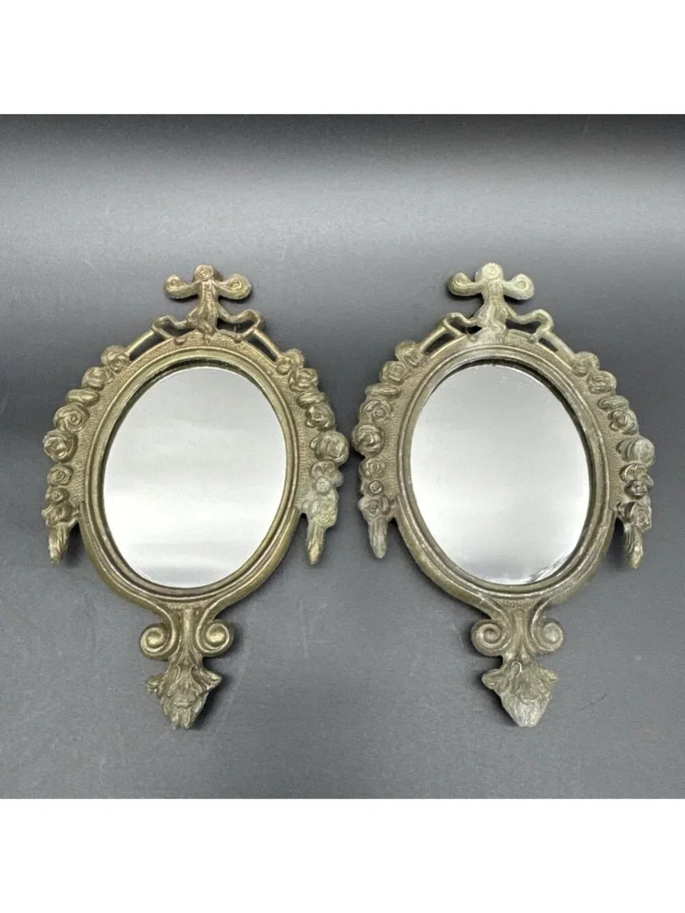 VTG 6” Ornate Gold Bronze Wall Hanging Mirror Set Floral Bow Rocco Gallery Italy